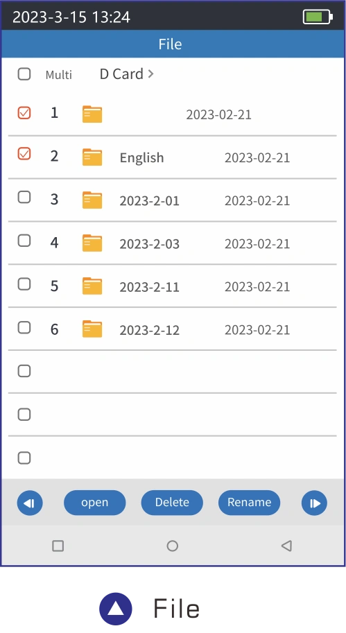 980TEK OTDR Android UI file management interface