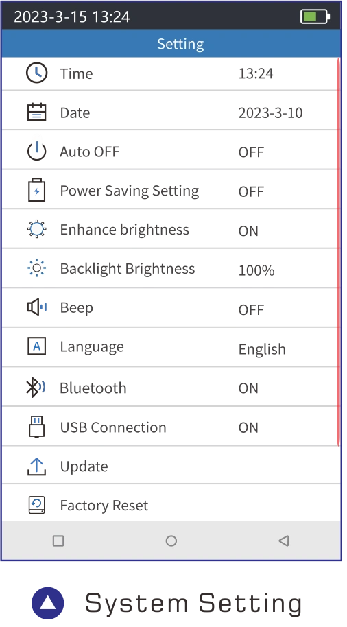 980TEK OTDR Android system settings menu