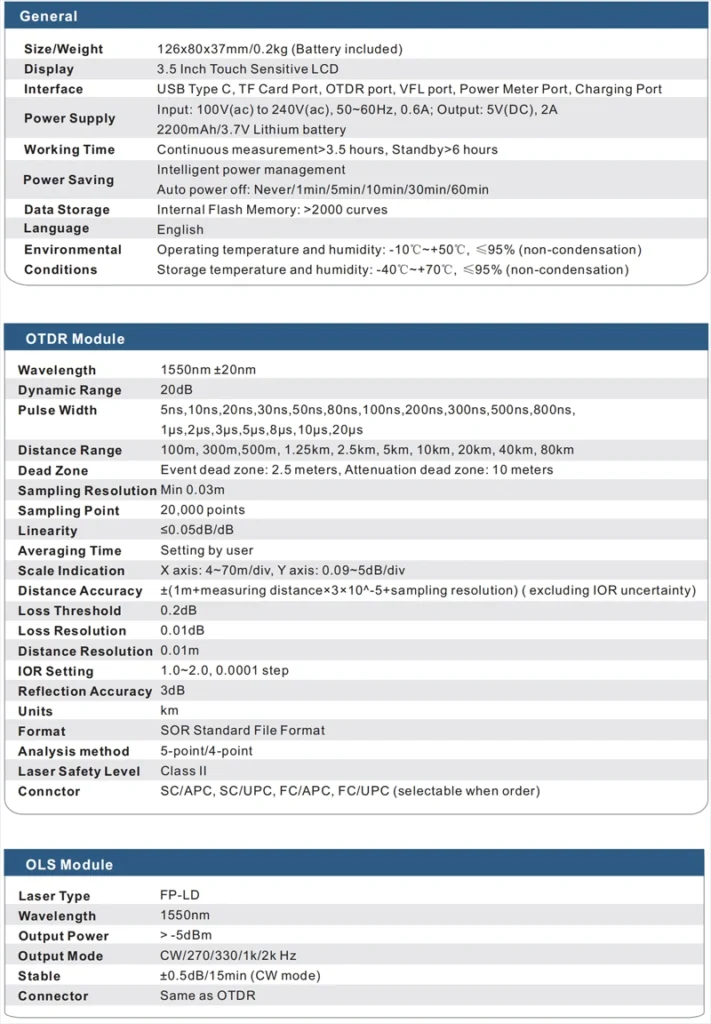 FF-960 OTDR 1550nm fiber optic tester specifications