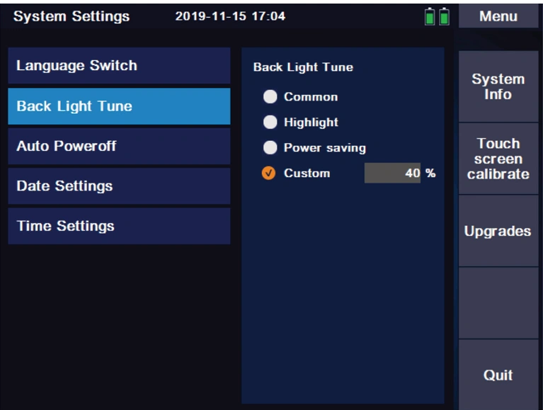 8000MAX OTDR display backlight settings