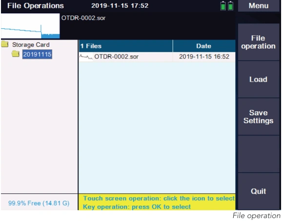 8000MAX Series OTDR file operations screen