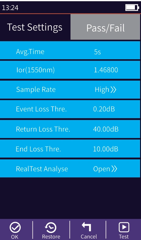 980EXP OTDR fiber optic test settings interface