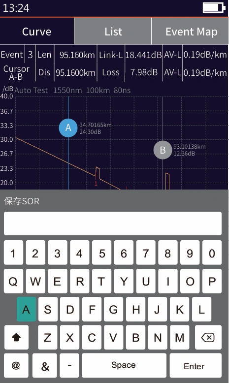 980EXP OTDR fiber optic trace display