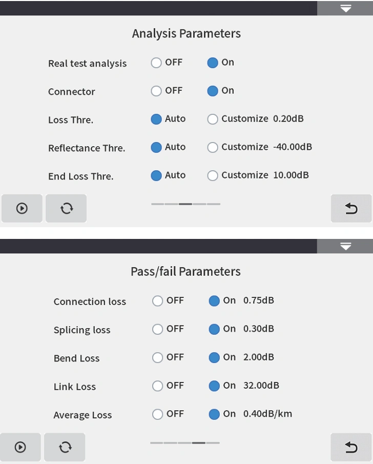 FC1500 OTDR analysis pass/fail parameters settings