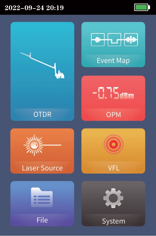 FF-960 OTDR instrument display with optical testing functions