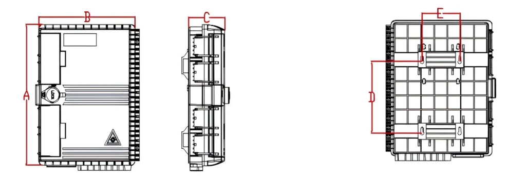 Diagrama de dimensiones de la caja de conexiones ópticas FF-FTB16A