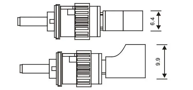 Esquema de un conector de fibra óptica LC hembra y ST macho